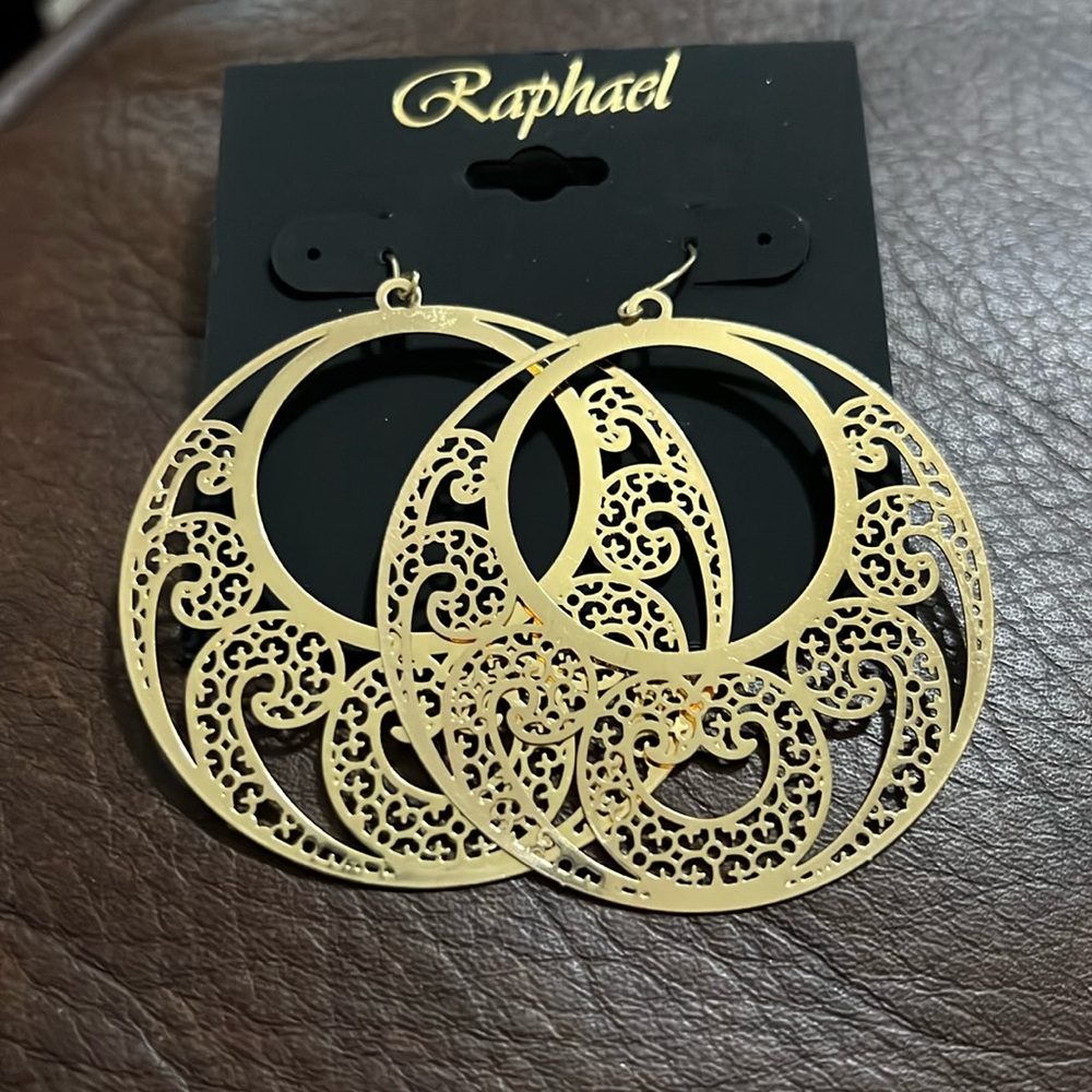 3/$15 Raphael Round Hollow Open Gold Filigree Dangle Hoop Earrings - Lot 453